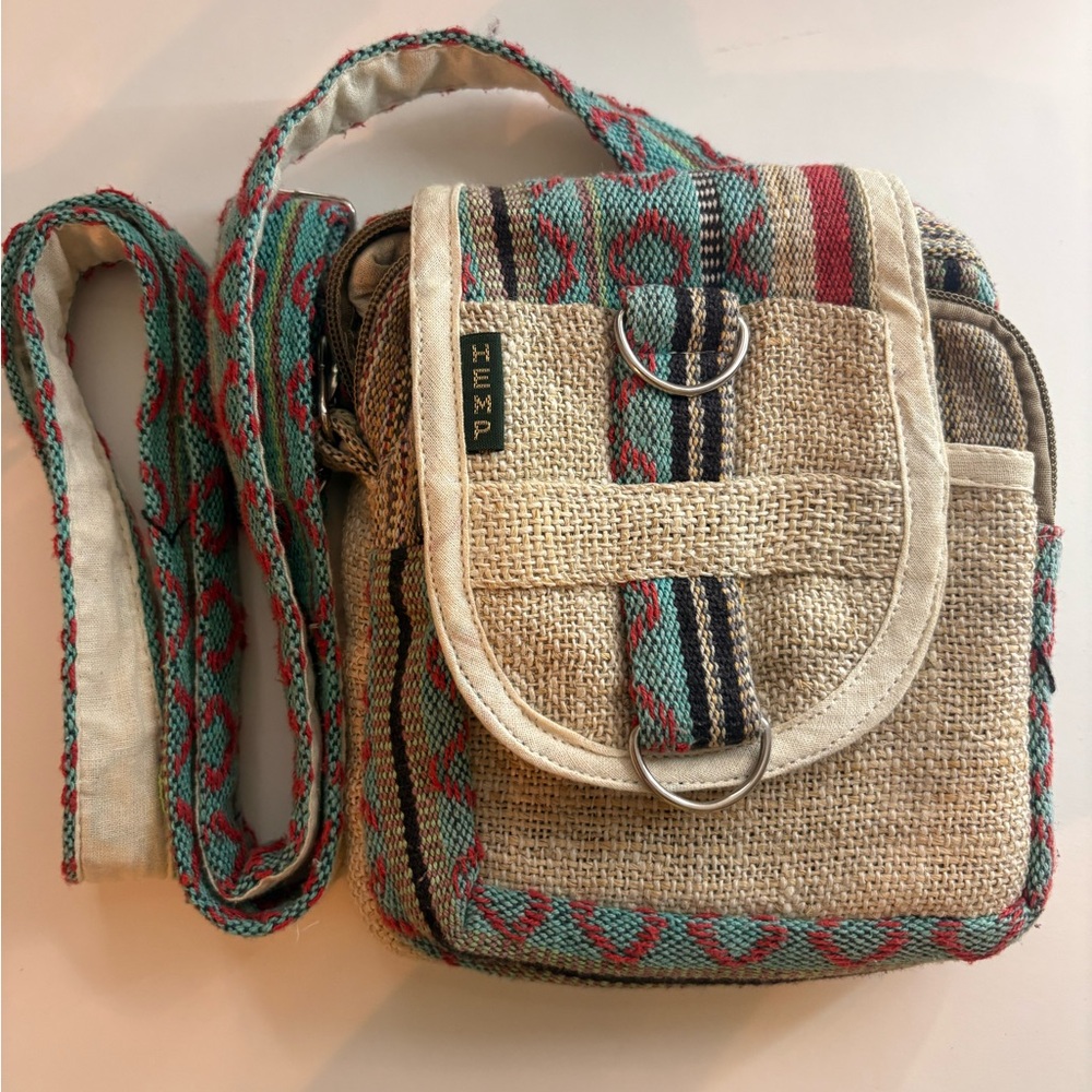 Hempz Cream and Red Crossbody Bag with Adjustable Strap